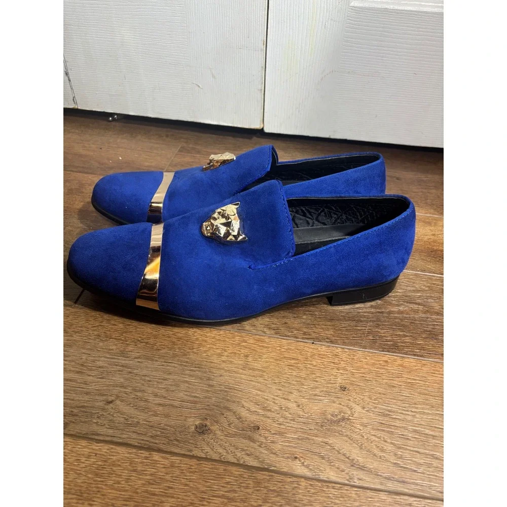 Amali Mens Royal Blue Suede Loafer Shoes Gold Lion Head‎ Buckle Dress Size 12